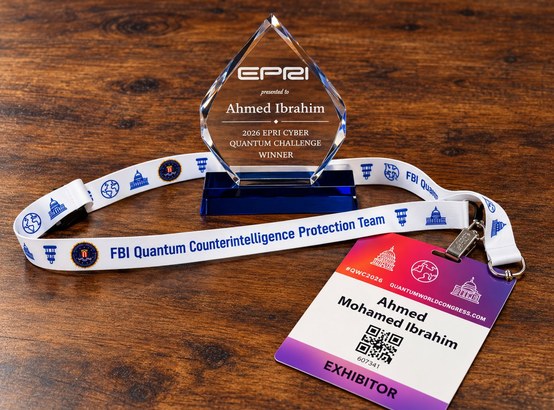 EPRI Cyber Quantum Challenge 2026 winner trophy with Quantum World Congress exhibitor badge